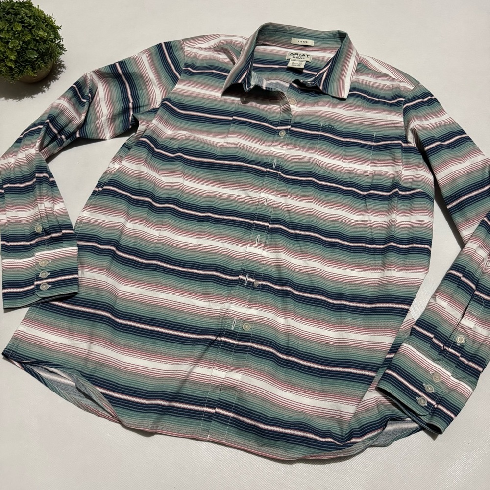Ariat Button Front Teal‎ Stripe Fitted Shirt Women’s XXL Western Rodeo Southwest